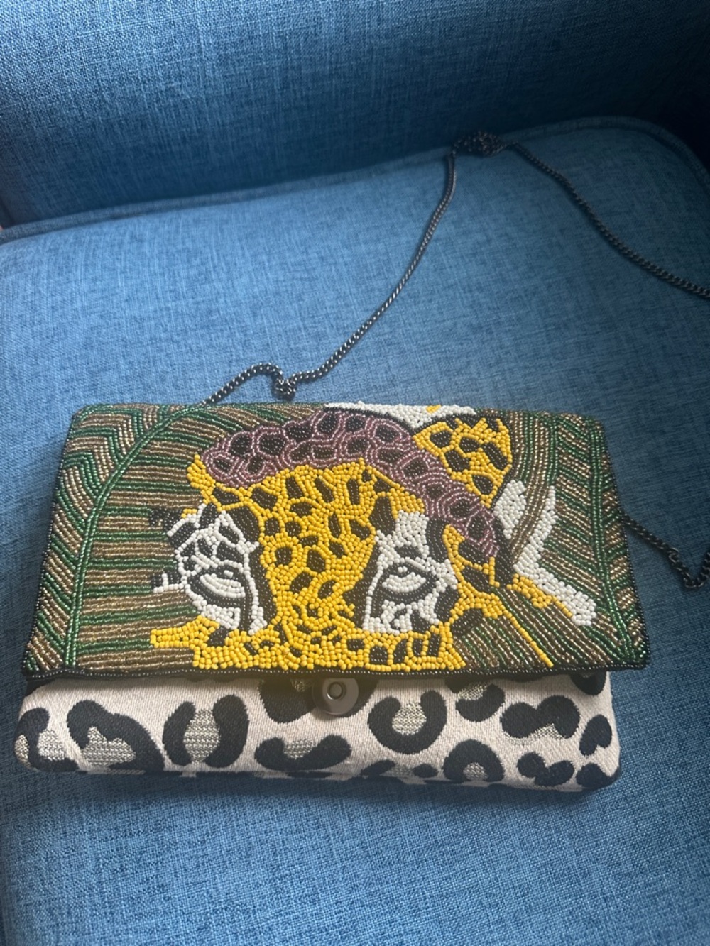Beaded Leopard Face Clutch in Yellow, Green, Black and White